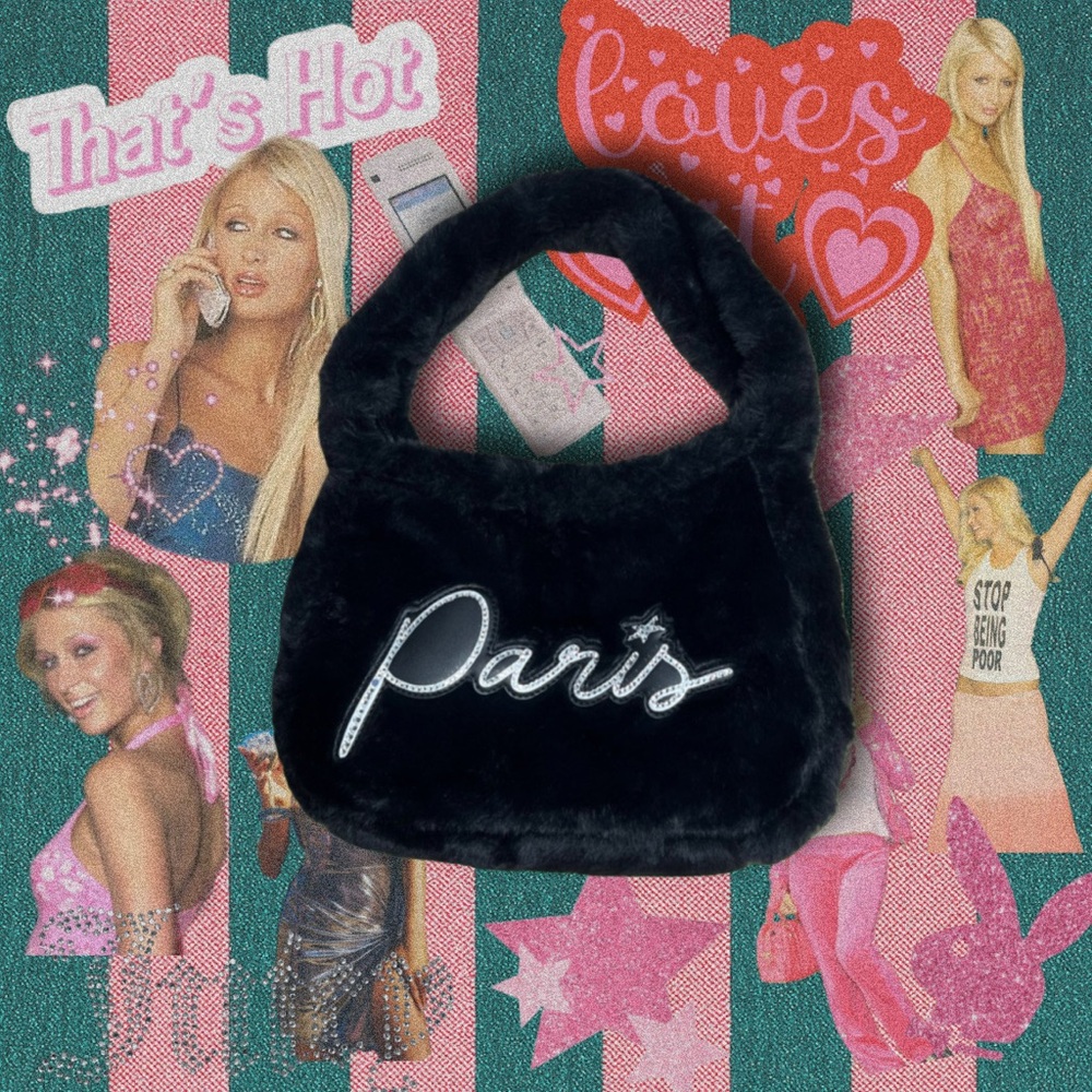 Paris Hilton Y2K Style Black Faux Fur Shoulderbag with Rhinestone Font